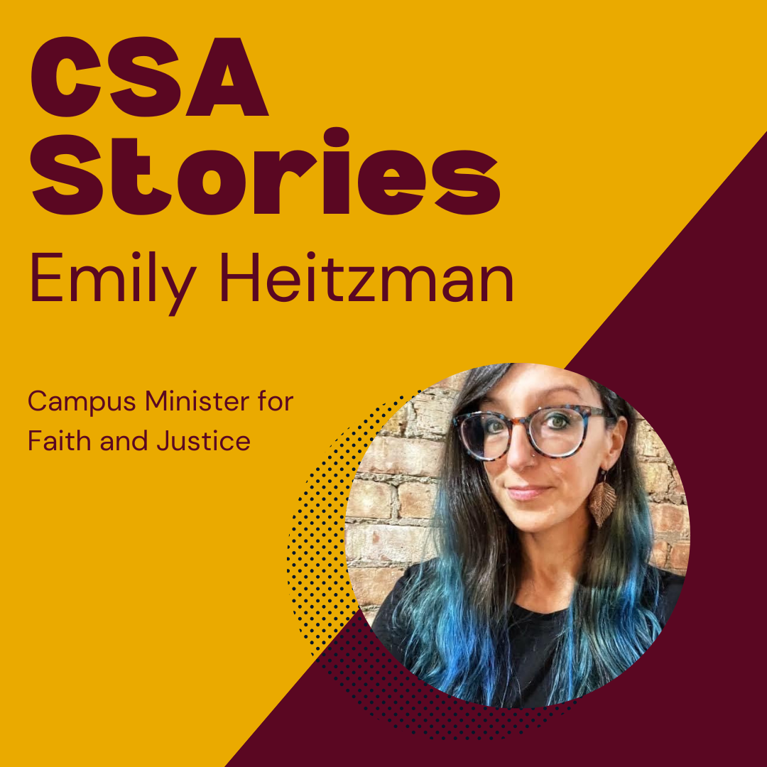 CSA Story Header for Emily Heitzman; a headshot image of her on a maroon and gold background